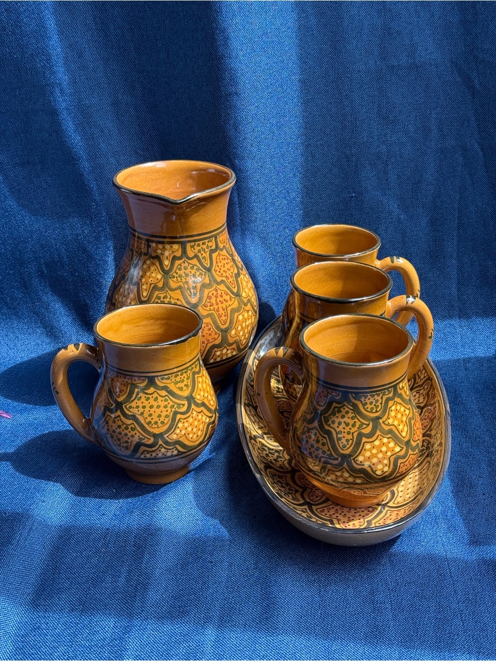 Vintage 1997 Le Souk Tunisia Hand Painted Pottery Espresso Coffee Tea Set 6 Pc